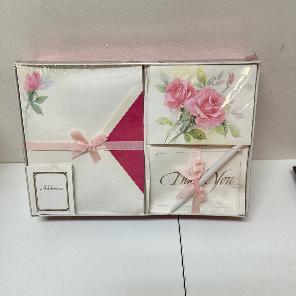 Vintage 1988 Whiting Stationery Set Pink Roses Letters Notes Pen 49800 New